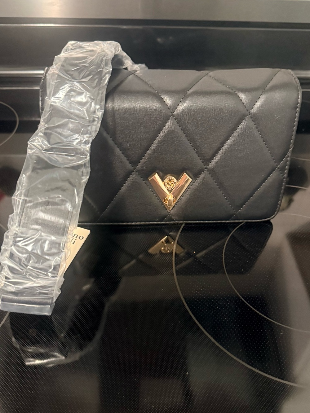 Valentino Orlandi Black Crossbody Bag with Gold V Emblem NWT